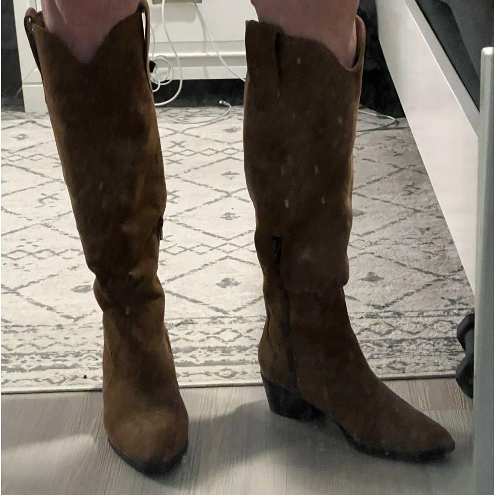 Knee-high, faux suede, cowboy boots.